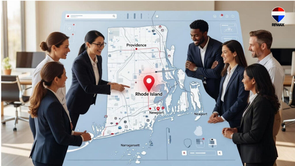 Find realtors near me on a map wih realtors looking at the map of Rhode Island.