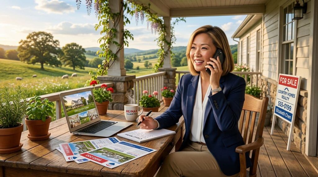female-realtor-phone-call-farmhouse-porch- female agent talking on the phone