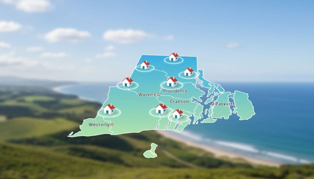 Professional infographic map of Rhode Island highlighting exactly six RE/MAX office locations in Northern and Central areas, with clean icons over a coastal landscape