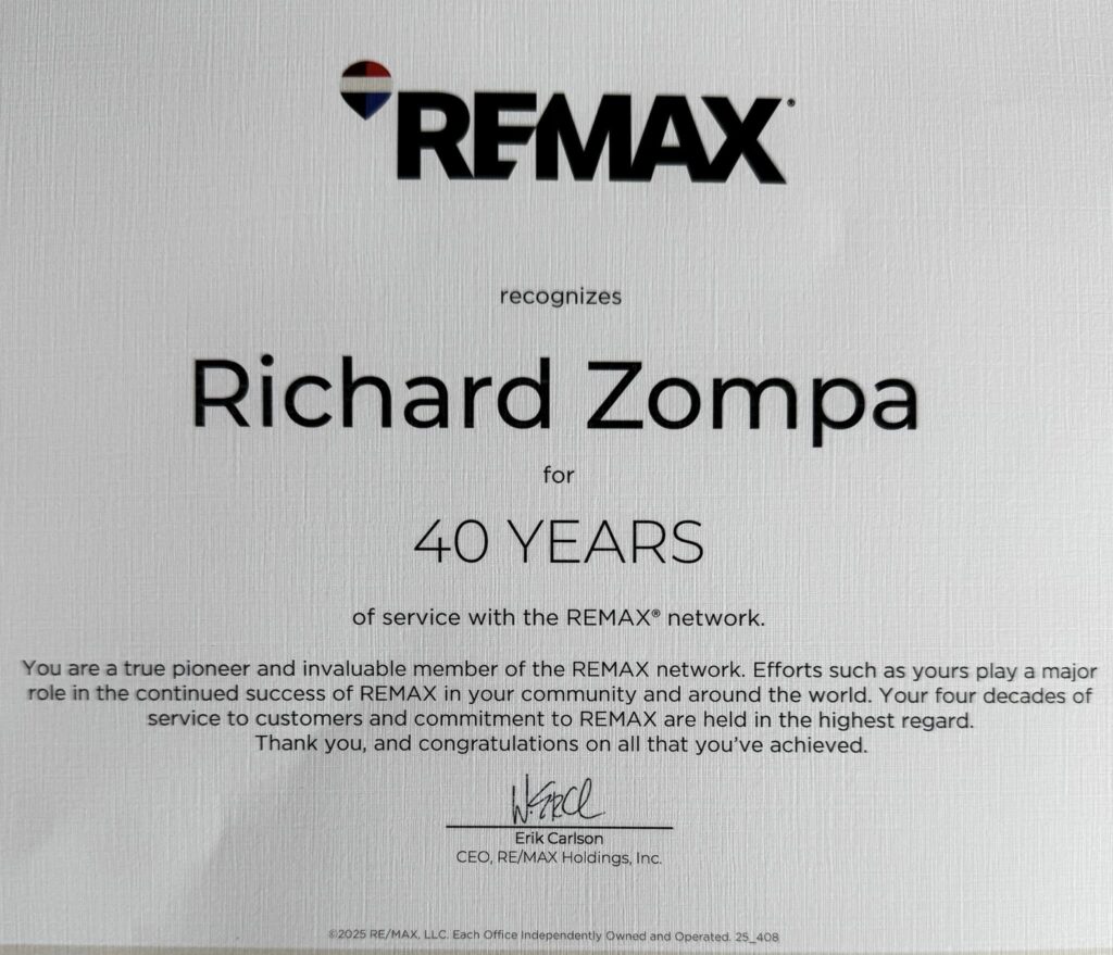Richard Zompa shares his 40 years services at REMAX letter he received.