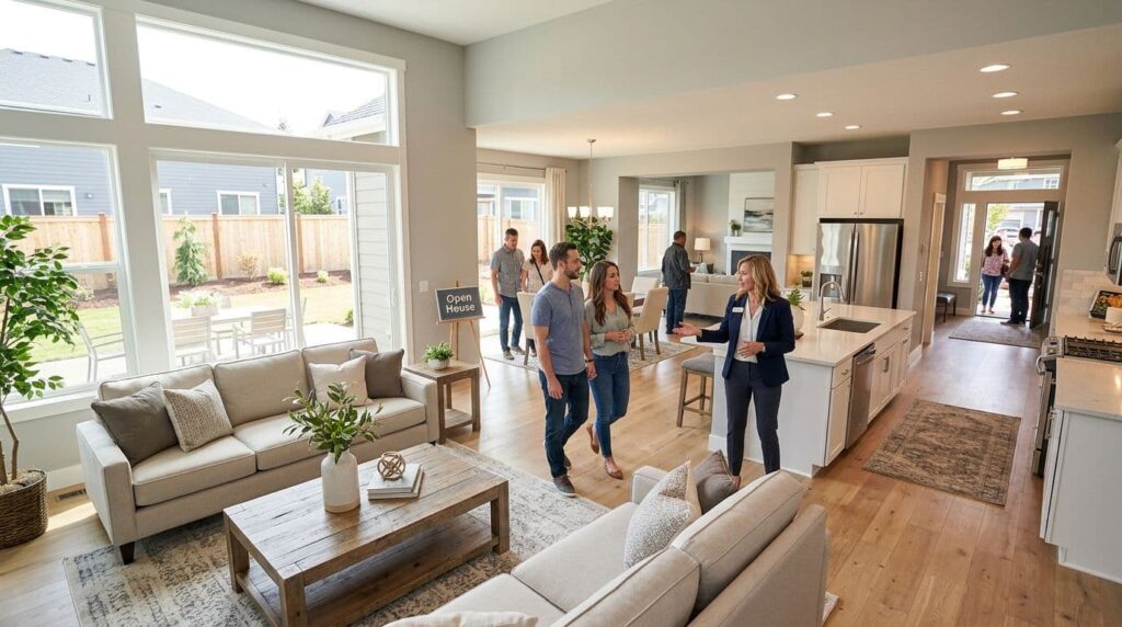 walk through in houses realtor taking people thorugh a walk through in a home